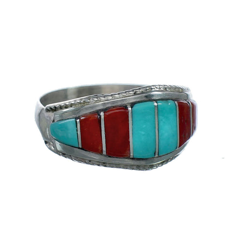 Turquoise and Coral Inlay Native American Sterling Silver Ring Size 8-1/4 NN20586
